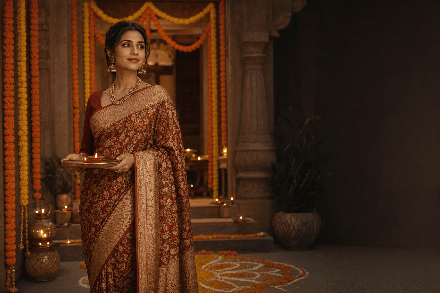 Woman draping an authentic Srikalahasti Kalamkari saree in a heritage setting