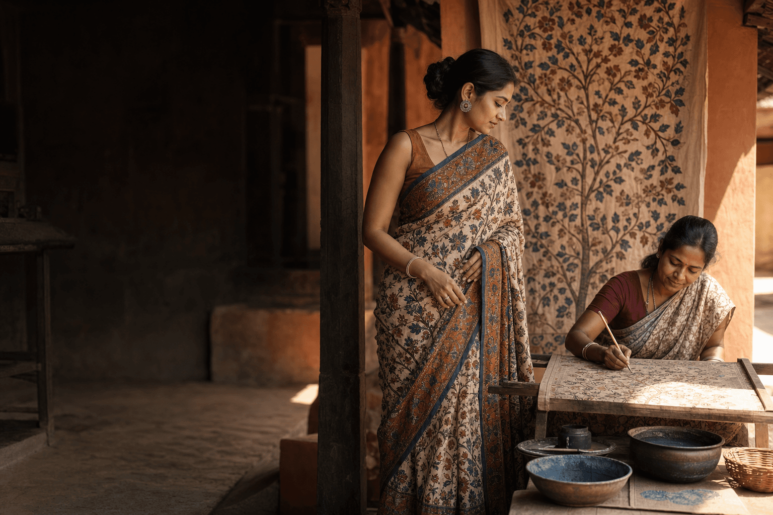 Hand-painted Kalamkari saree with traditional mythological motifs in rich natural colours