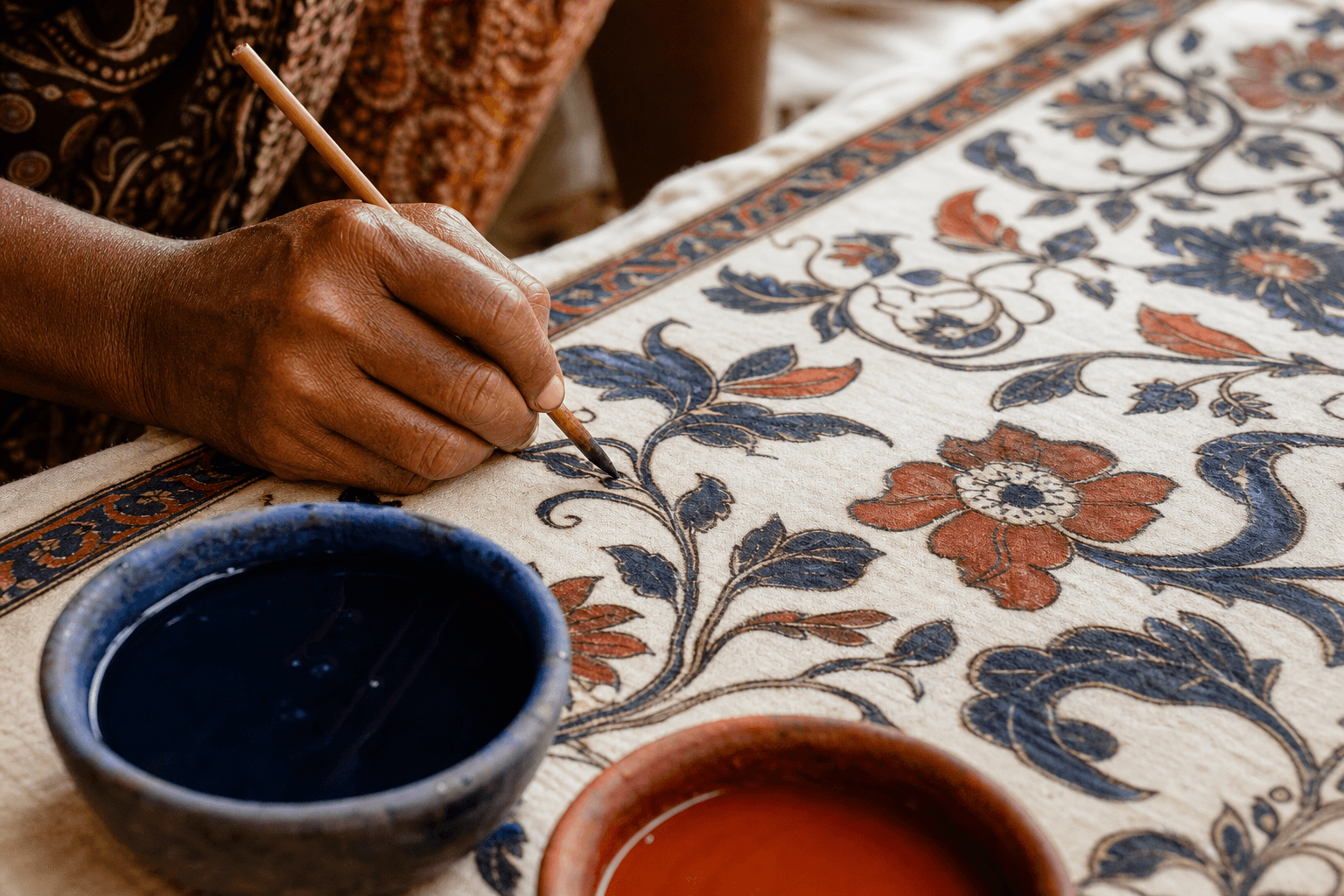 Artisan hand-painting Kalamkari details with a traditional bamboo kalam pen