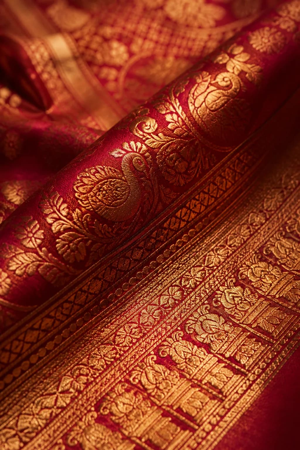 Close-up of red silk saree with gold zari bridal border