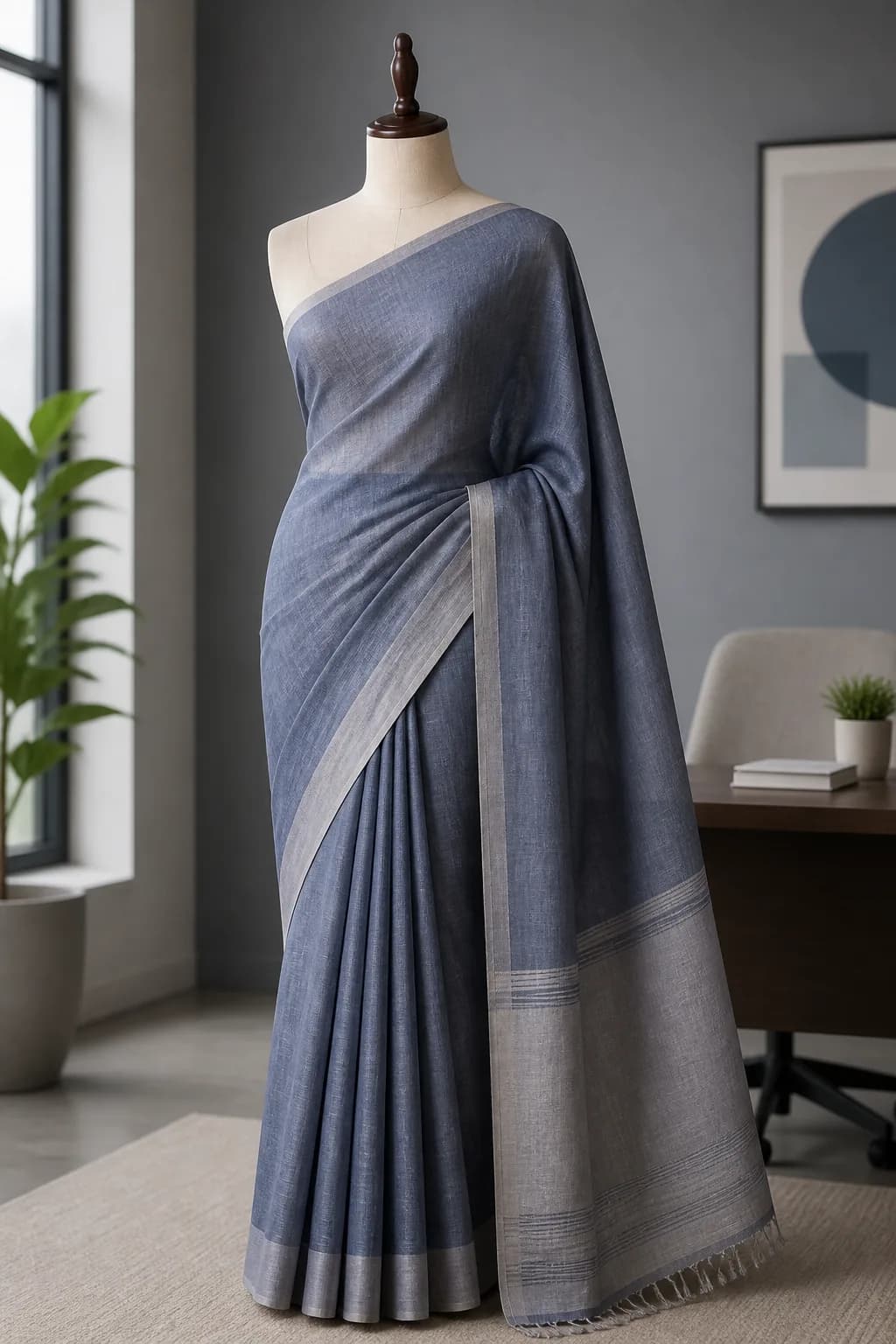 Slate blue linen-cotton saree for professional office wear