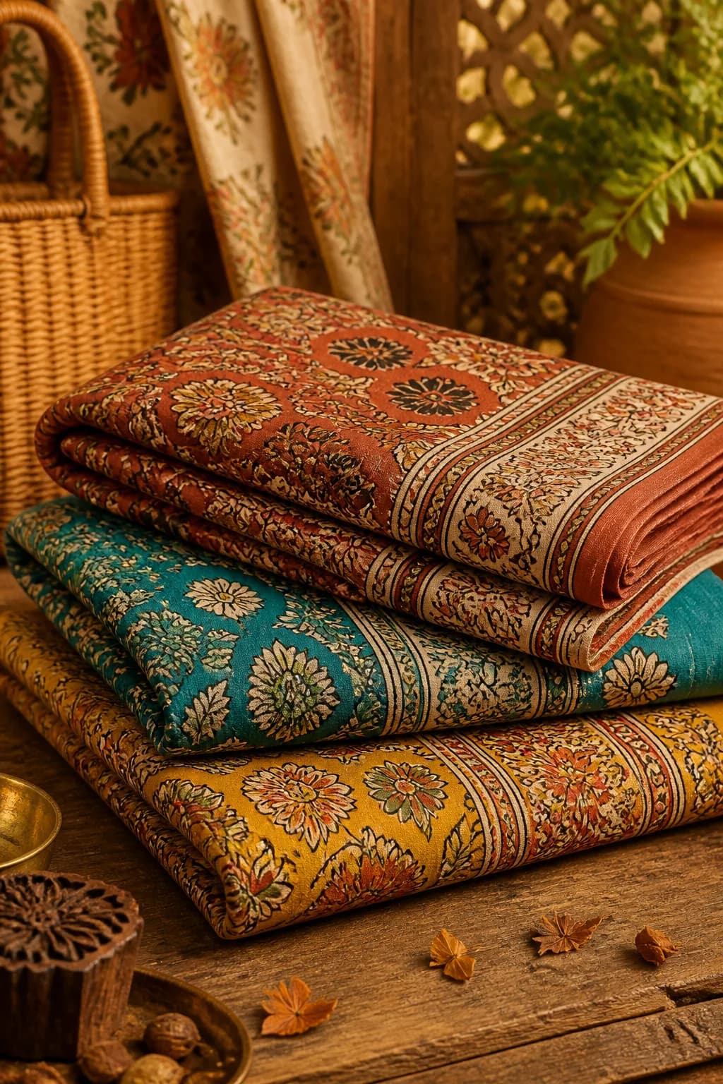 Colorful affordable Kalamkari cotton fabric stack