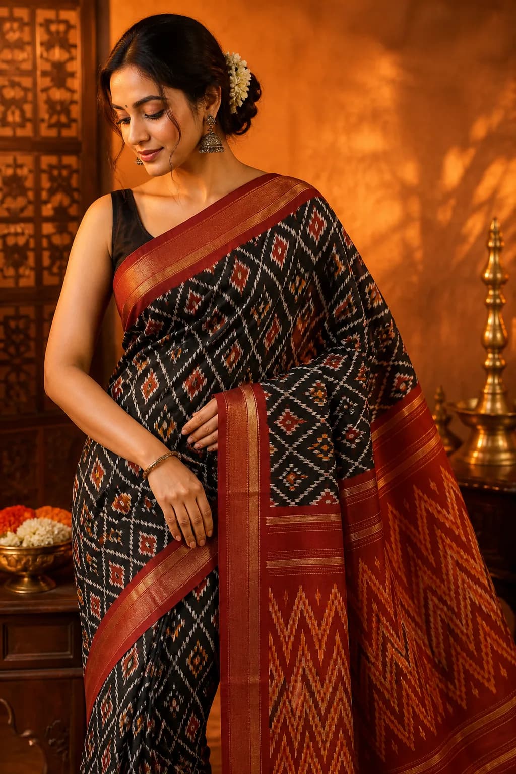 Pochampally ikat silk-cotton saree in black and rust