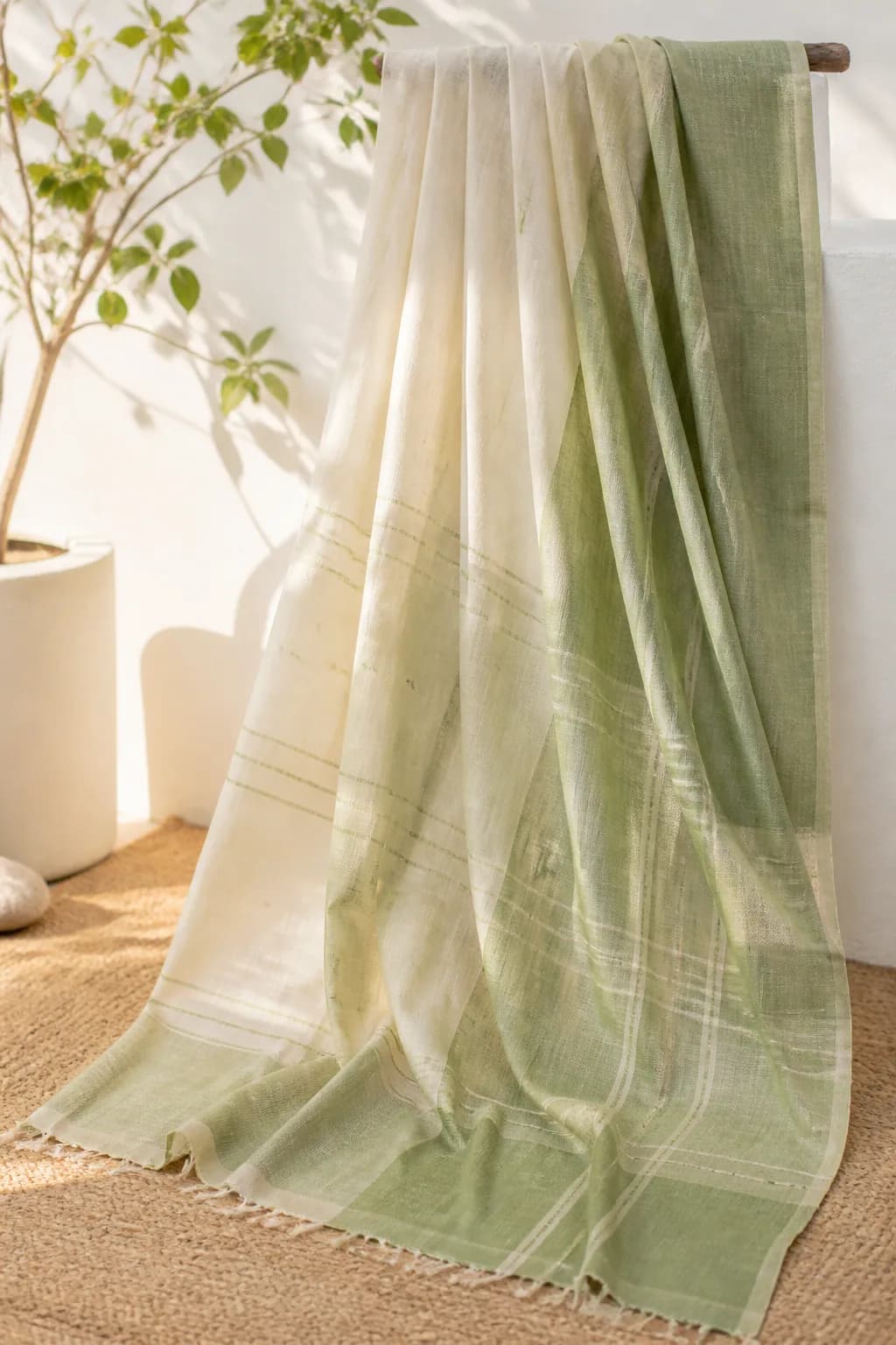 Soft sage and cream cotton handloom saree for everyday wear