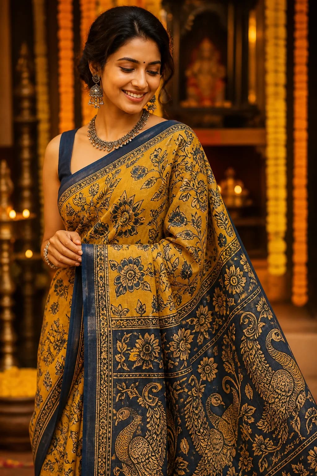 Vibrant Kalamkari saree with marigolds for festive celebrations