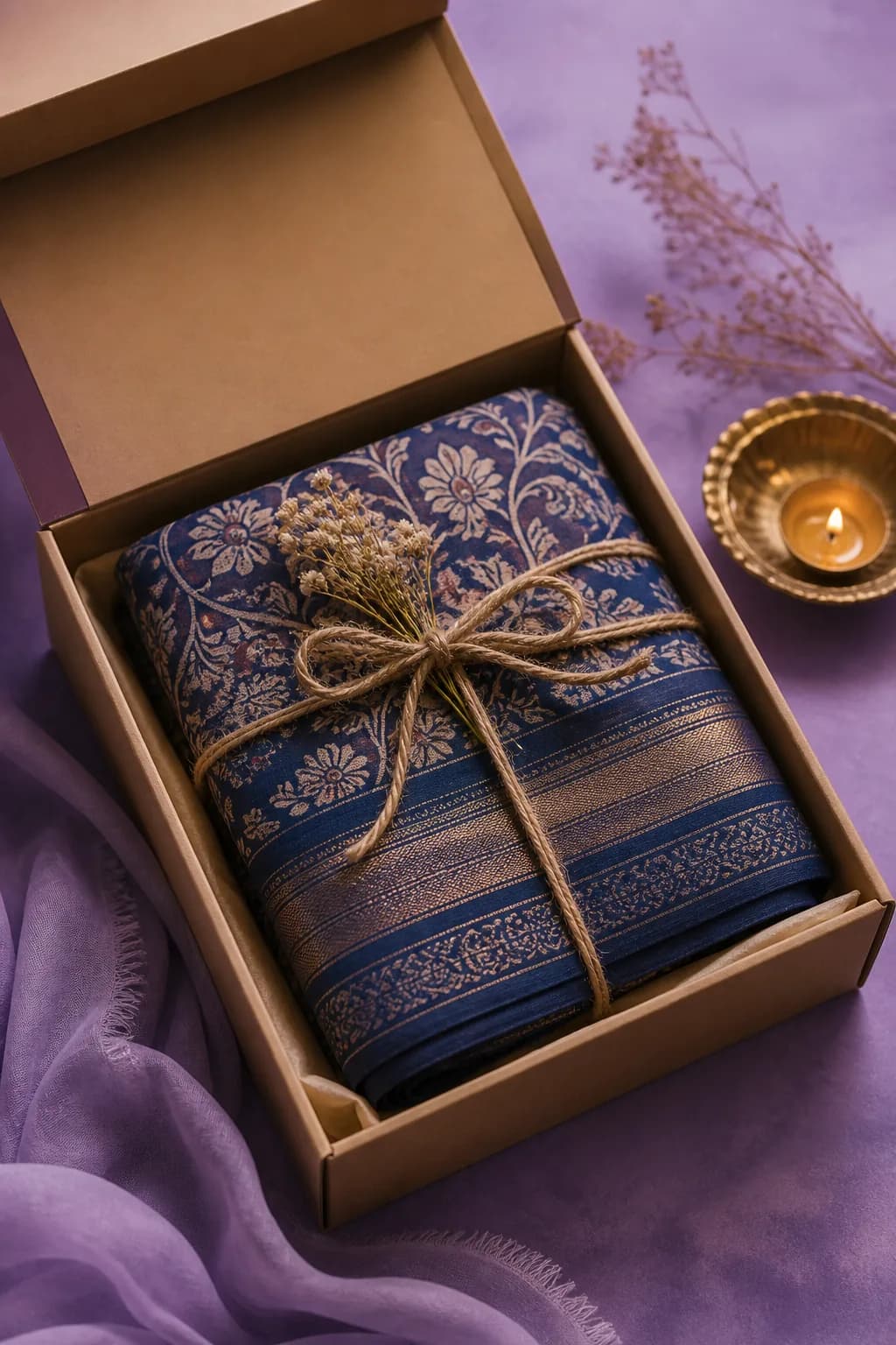 Kalamkari saree in artisan gift box with ribbon