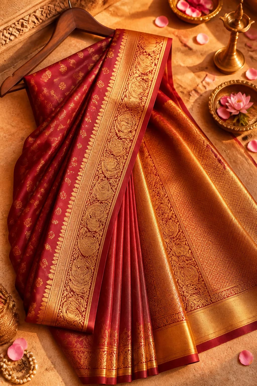 Rich maroon and gold bridal silk saree with zari border