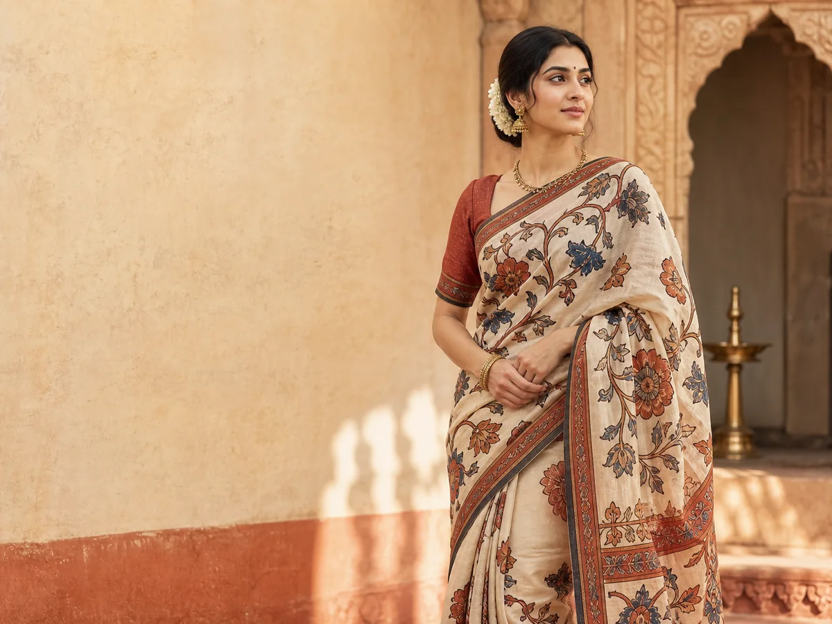 Woman wearing a hand-painted Kalamkari saree in a heritage courtyard