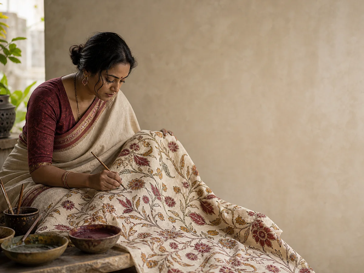 Kalamkari artisan painting floral motifs on a saree