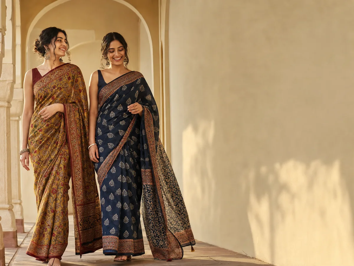 Two women wearing handloom sarees in a heritage veranda