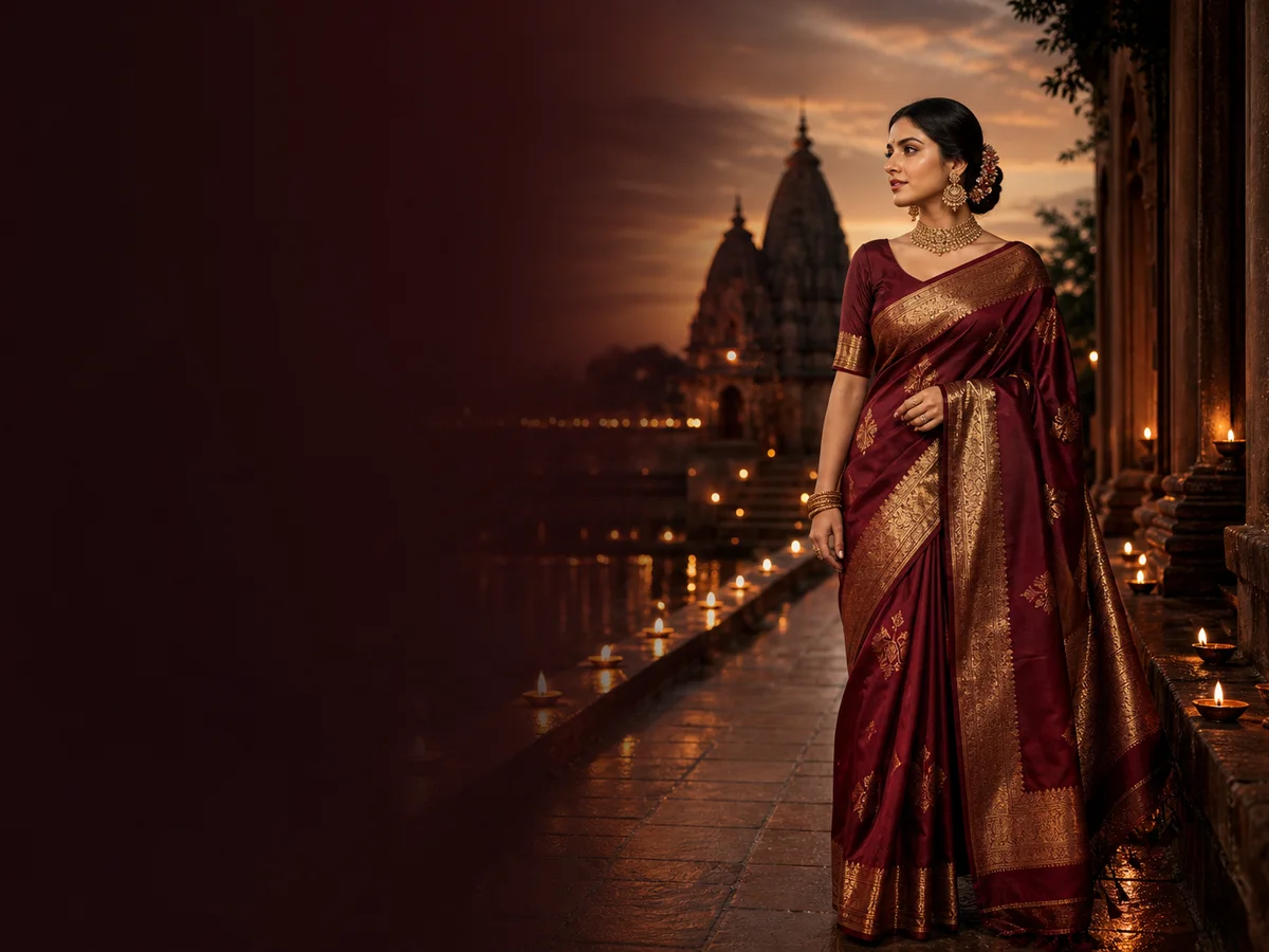 Woman wearing a rich maroon silk saree at dusk