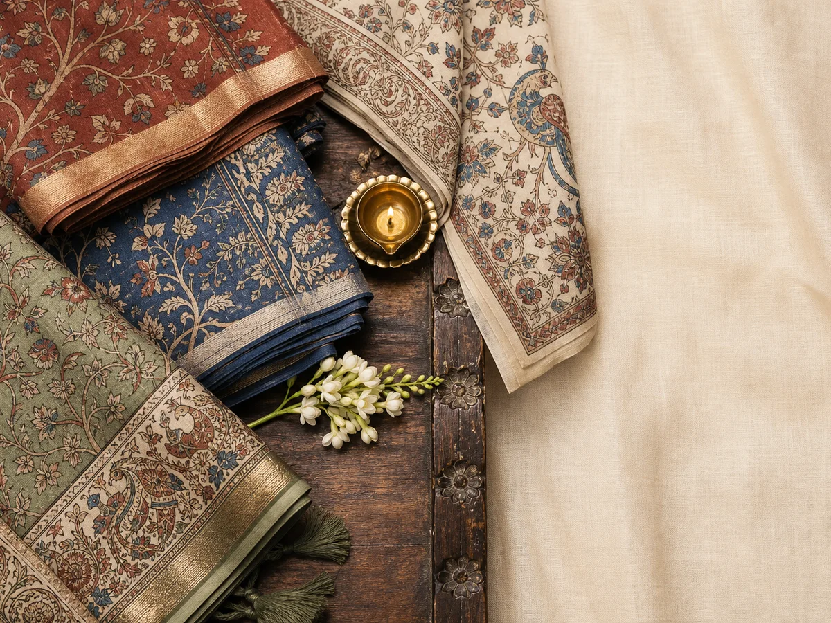 Folded Kalamkari sarees and dupattas with a brass diya